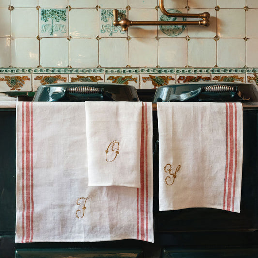 Kitchen Towel in French Red with Antique Gold Heirloom Initial