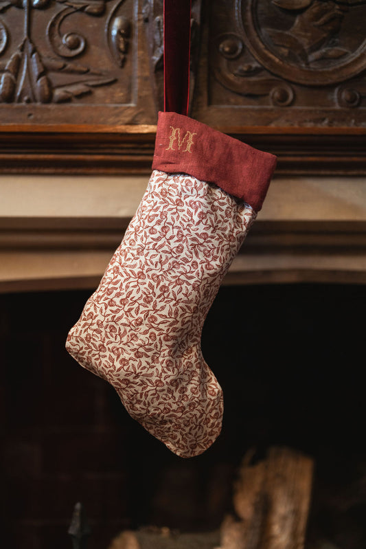Pomegranate Print Stocking in Marsala with Antique Gold Initial