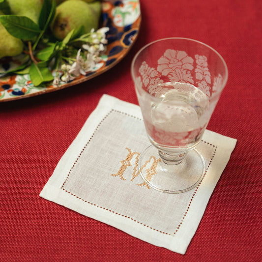 Cocktail Napkin Hemstitch with Cross Stitch Initial in Antique Gold
