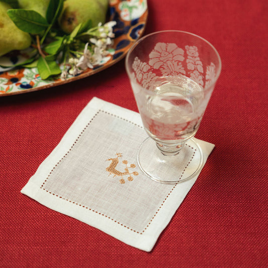 Cocktail Napkin Hemstitch with Cockerel Embroidery in Antique Gold