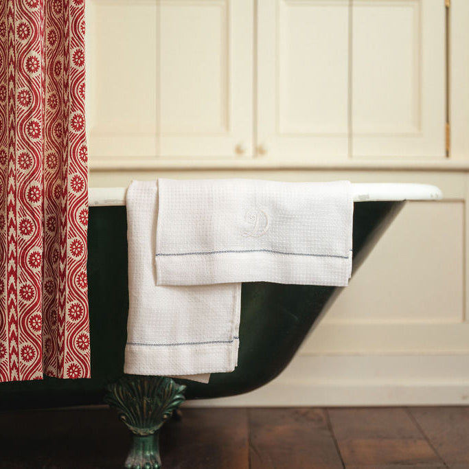 Liège Hand Towel in Ivory White Waffle with Indigo Hemstitch