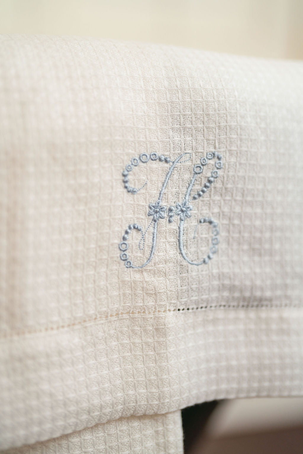Liège Hand Towel in Ivory White Waffle with White Hemstitch