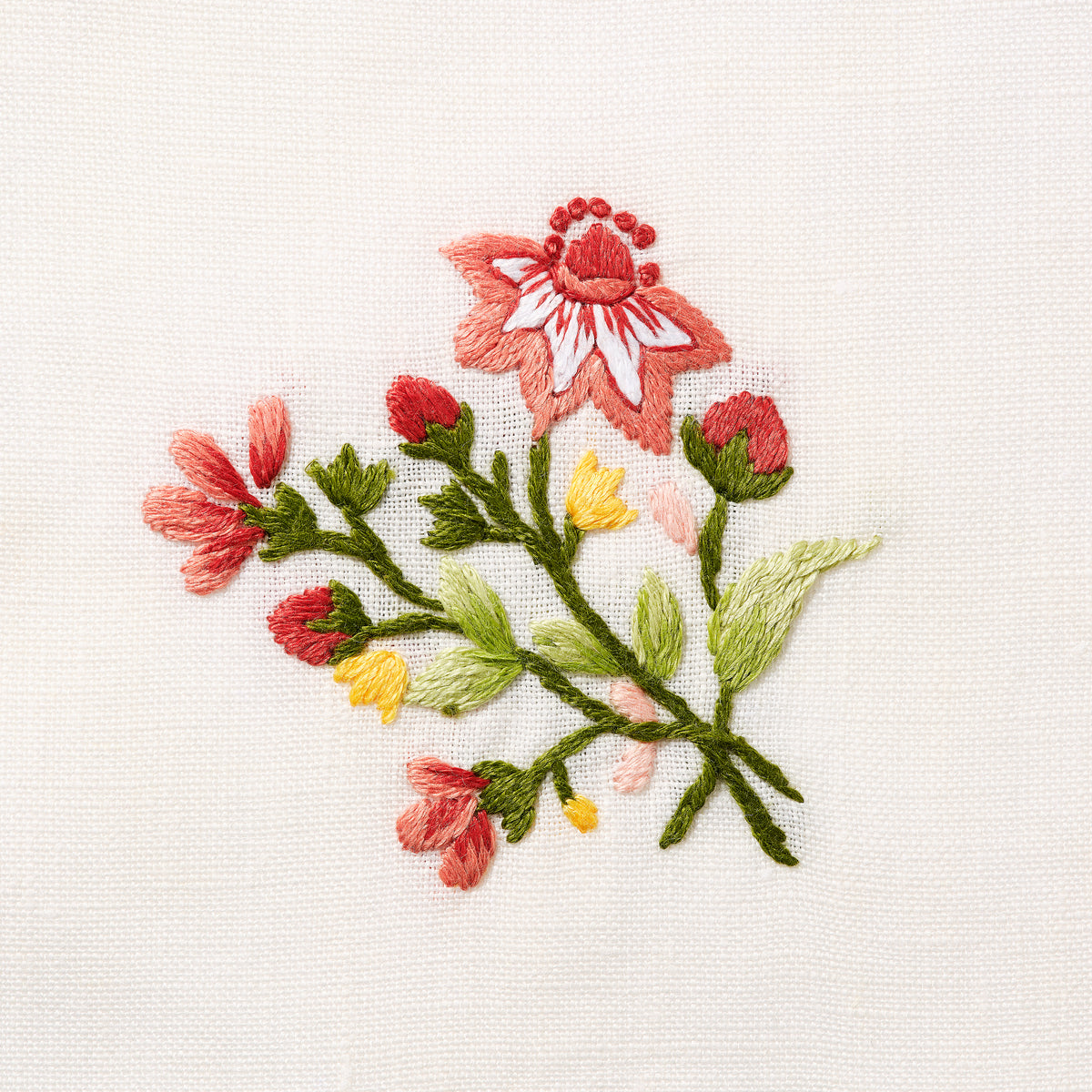 Set of Field Meadow Flower Napkins in Natural White with Scarlet Broderie