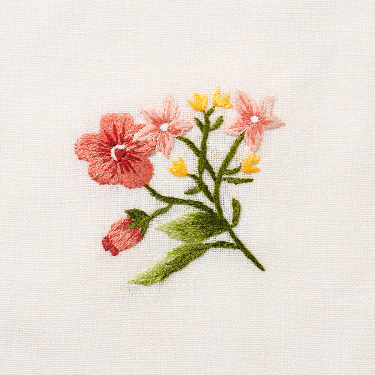 Set of Field Flax Flower Napkins in Natural White with Scarlet Broderie