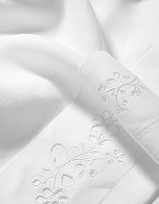 Field Flower Top Sheet in Pure White with Broderie Anglaise