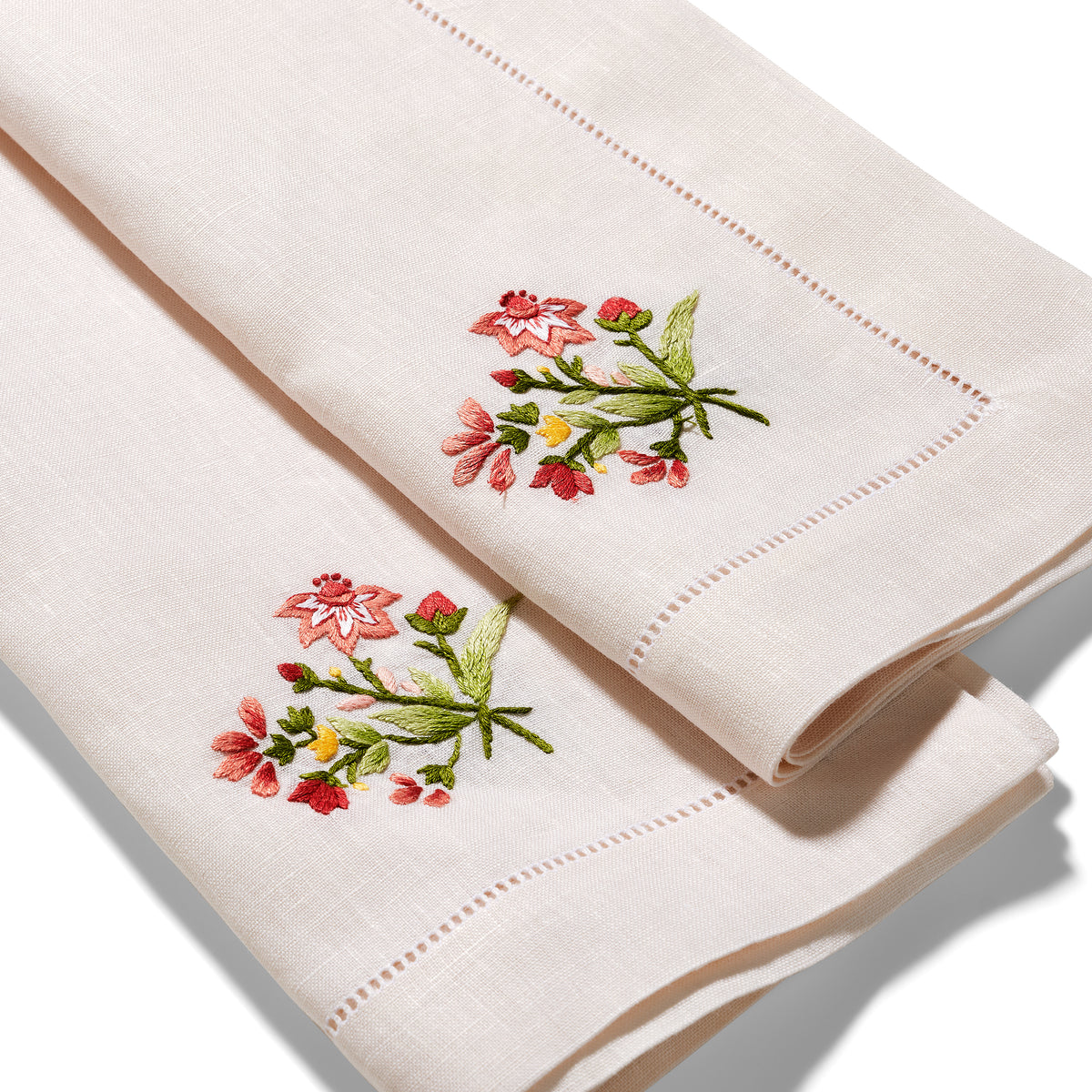 Set of Field Meadow Flower Napkins in Natural White with Scarlet Broderie