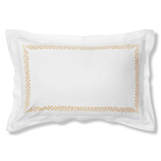 Sheherazade Oxford Pillowcase in Pure White with Ochre Broderie