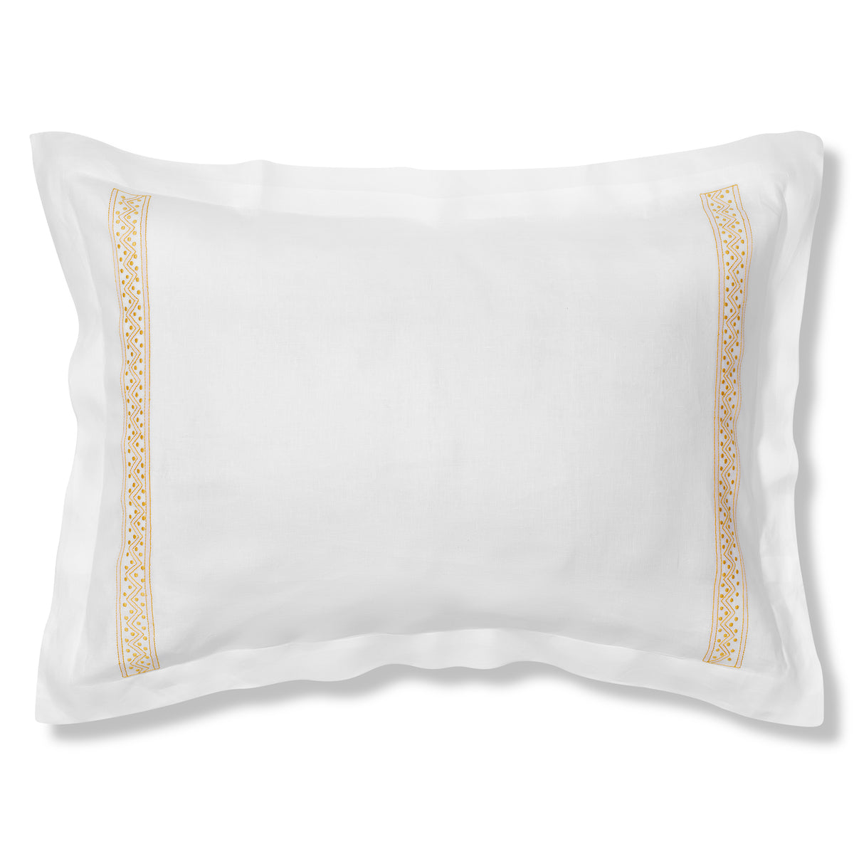 Sheherazade Oxford Edge Pillowcase in Pure White with Ochre Broderie