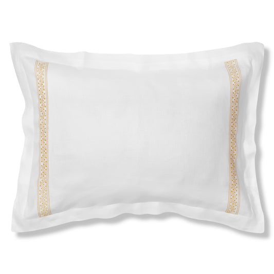 Sheherazade Oxford Edge Pillowcase in Pure White with Ochre Broderie