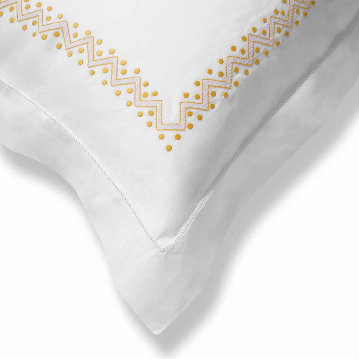 Sheherazade Oxford Pillowcase in Pure White with Ochre Broderie