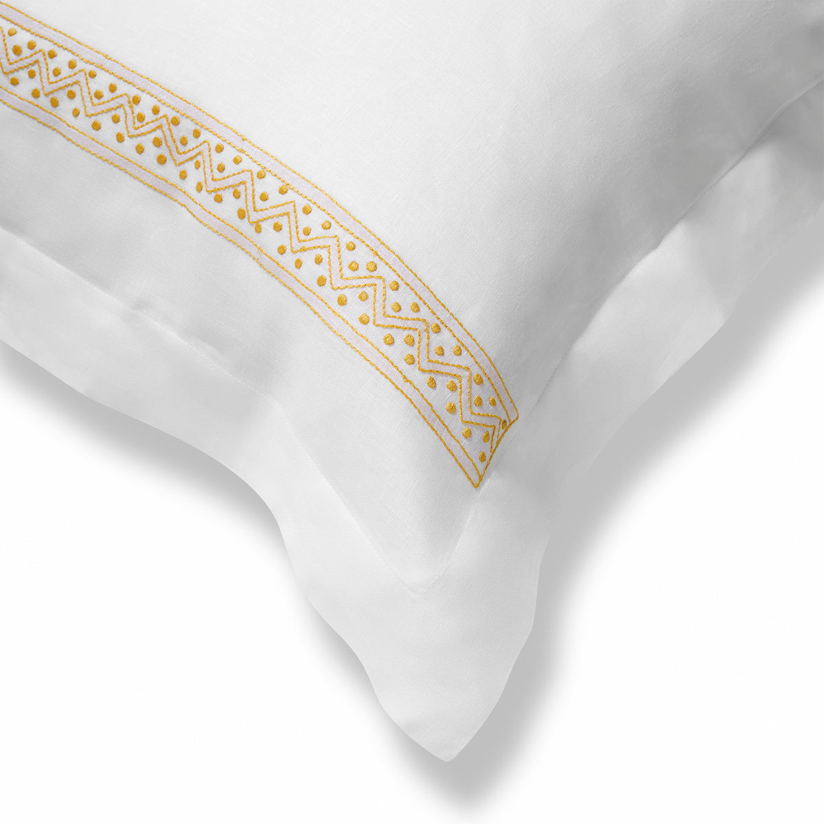 Sheherazade Oxford Edge Pillowcase in Pure White with Ochre Broderie