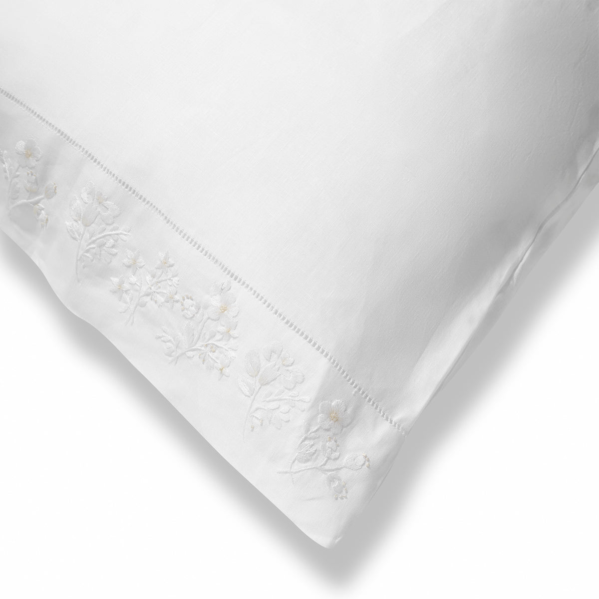 Field Flower Housewife Pillowcase in Pure White with Blanc Broderie