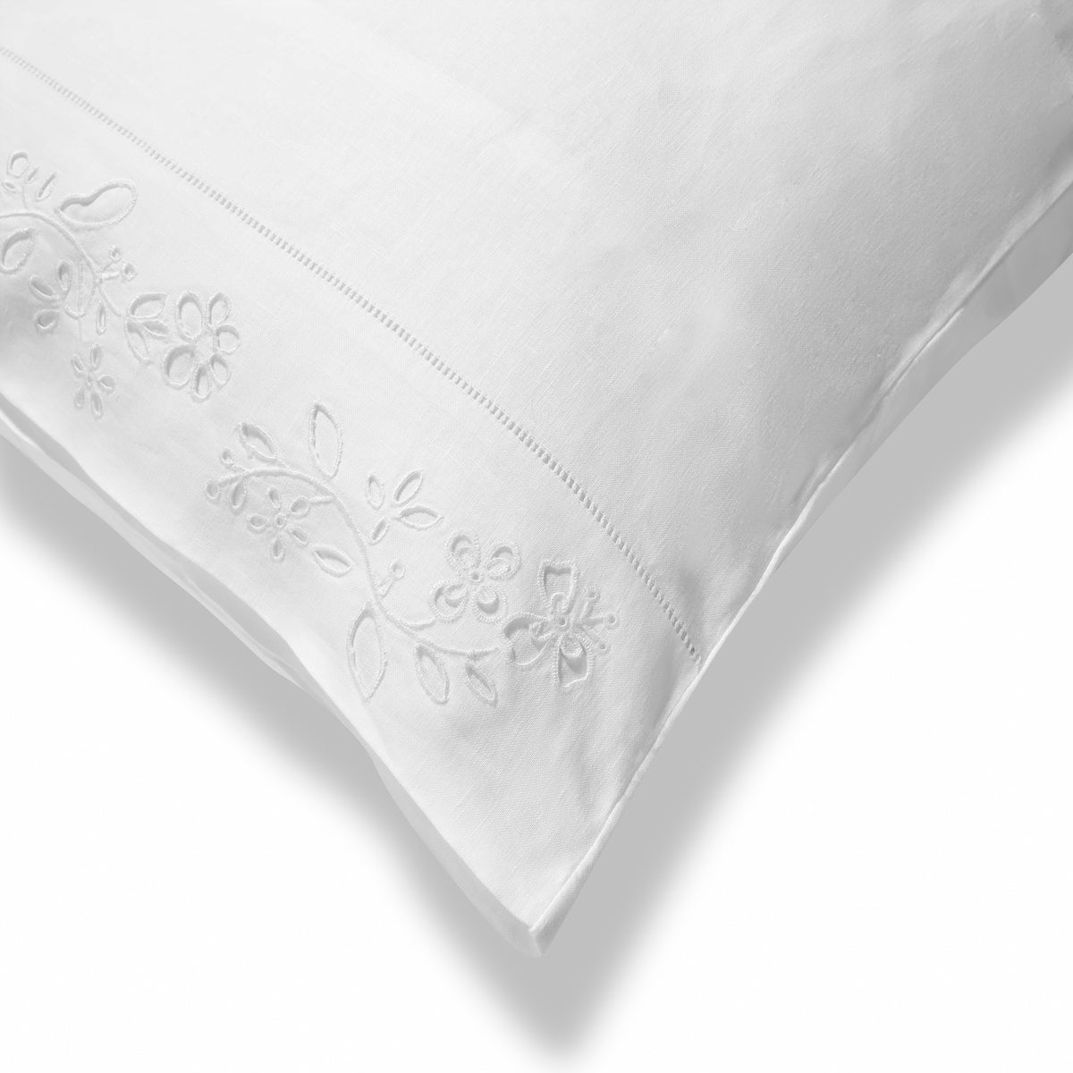 Field Flower Housewife Pillowcase in Pure White with Broderie Anglaise