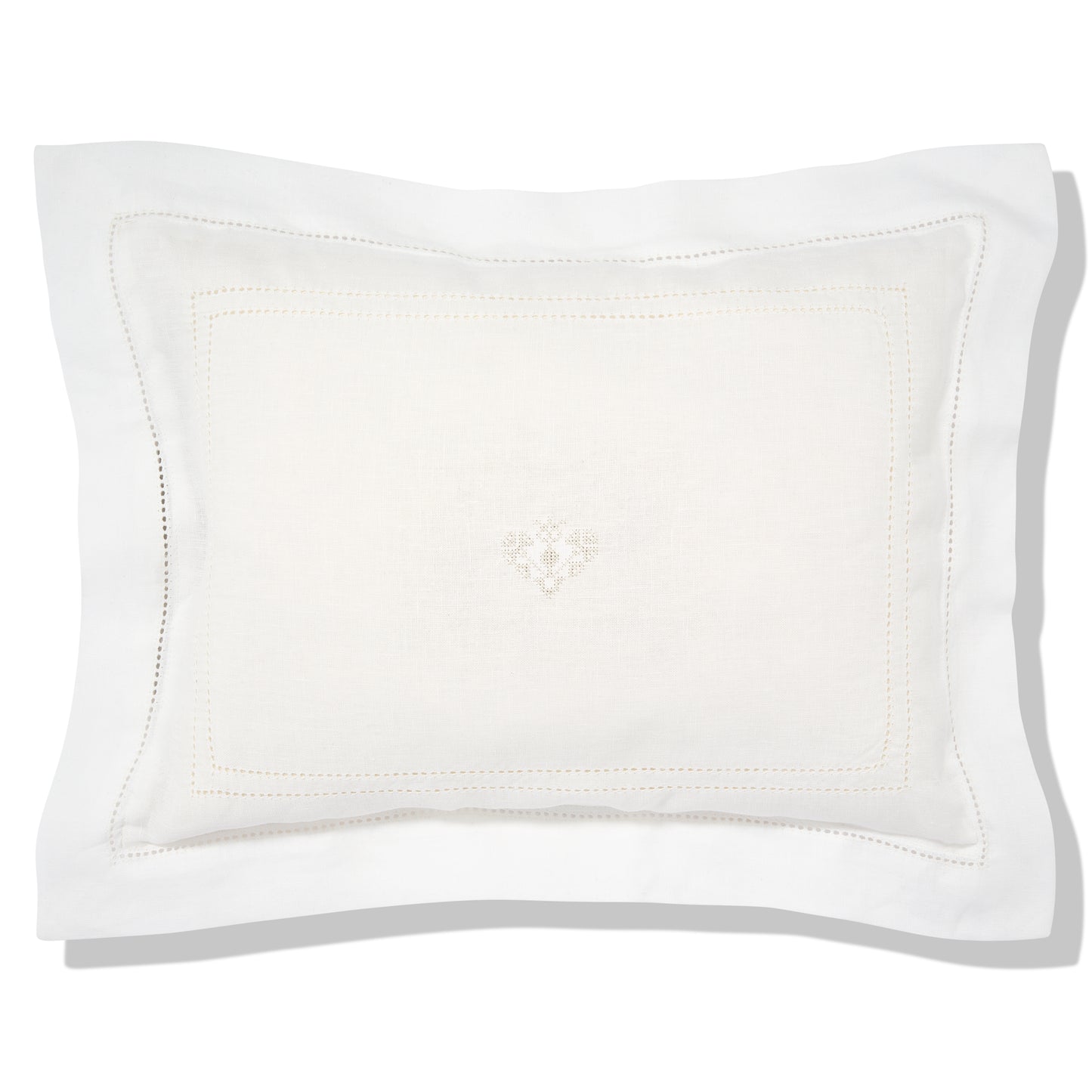 Elizaveta Boudoir Pillow in Ivory White Hemstitch with Crossed Heart Embroidery