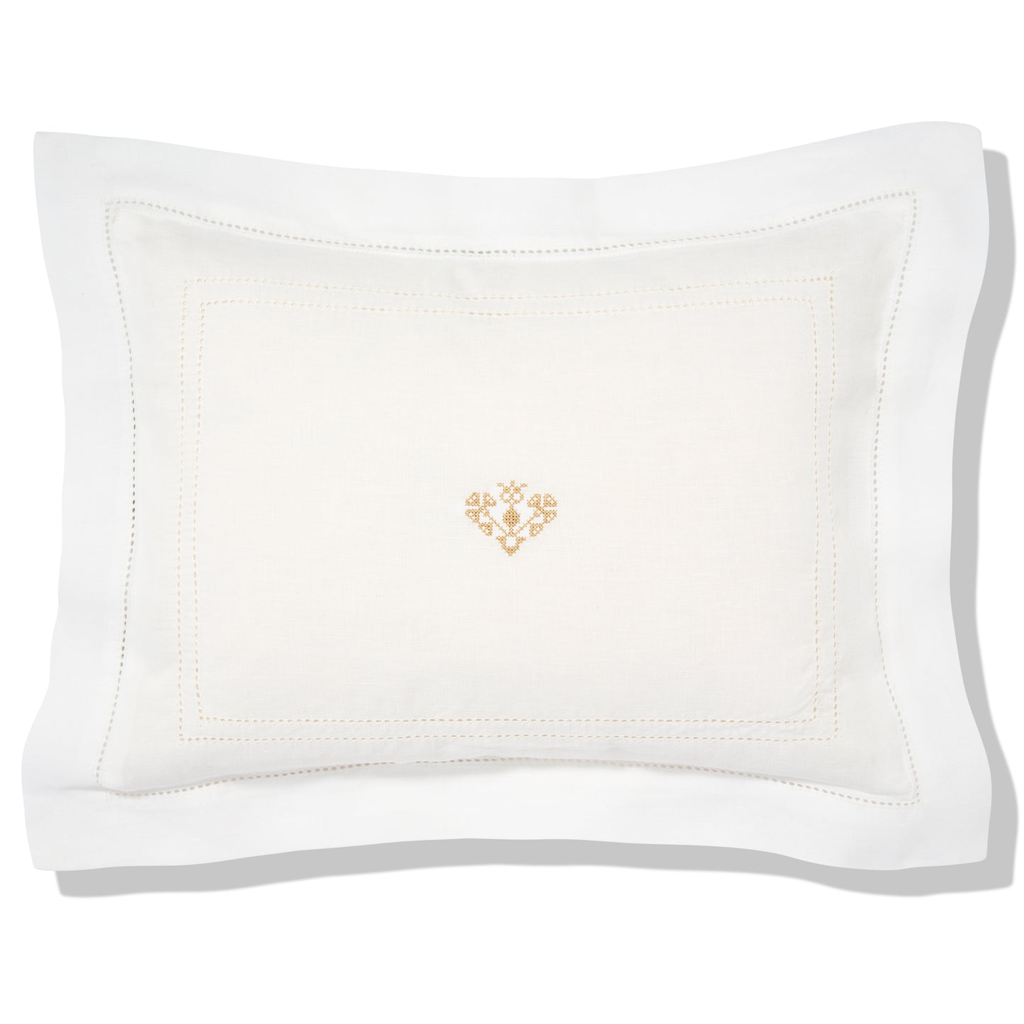 Elizaveta Boudoir Pillow in Ivory White Hemstitch with Crossed Heart Embroidery