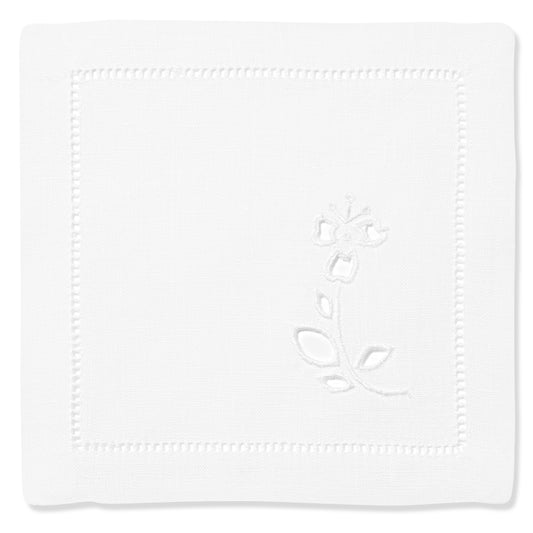 Set of Field Flax Flower Cocktail Napkins in Pure White with Broderie Anglaise