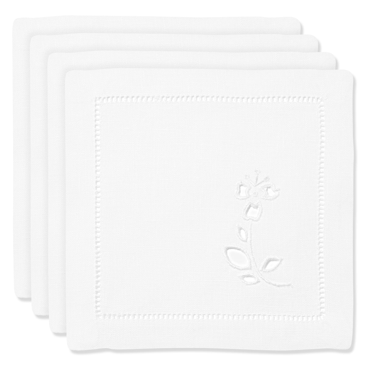 Set of Field Flax Flower Cocktail Napkins in Pure White with Broderie Anglaise