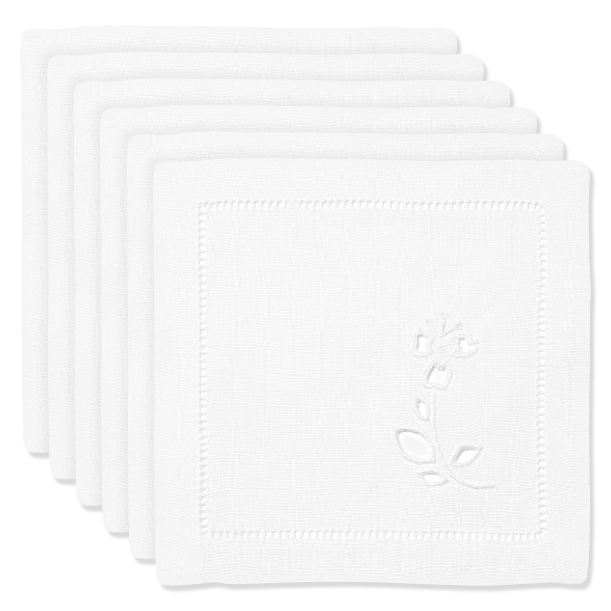 Set of Field Flax Flower Cocktail Napkins in Pure White with Broderie Anglaise