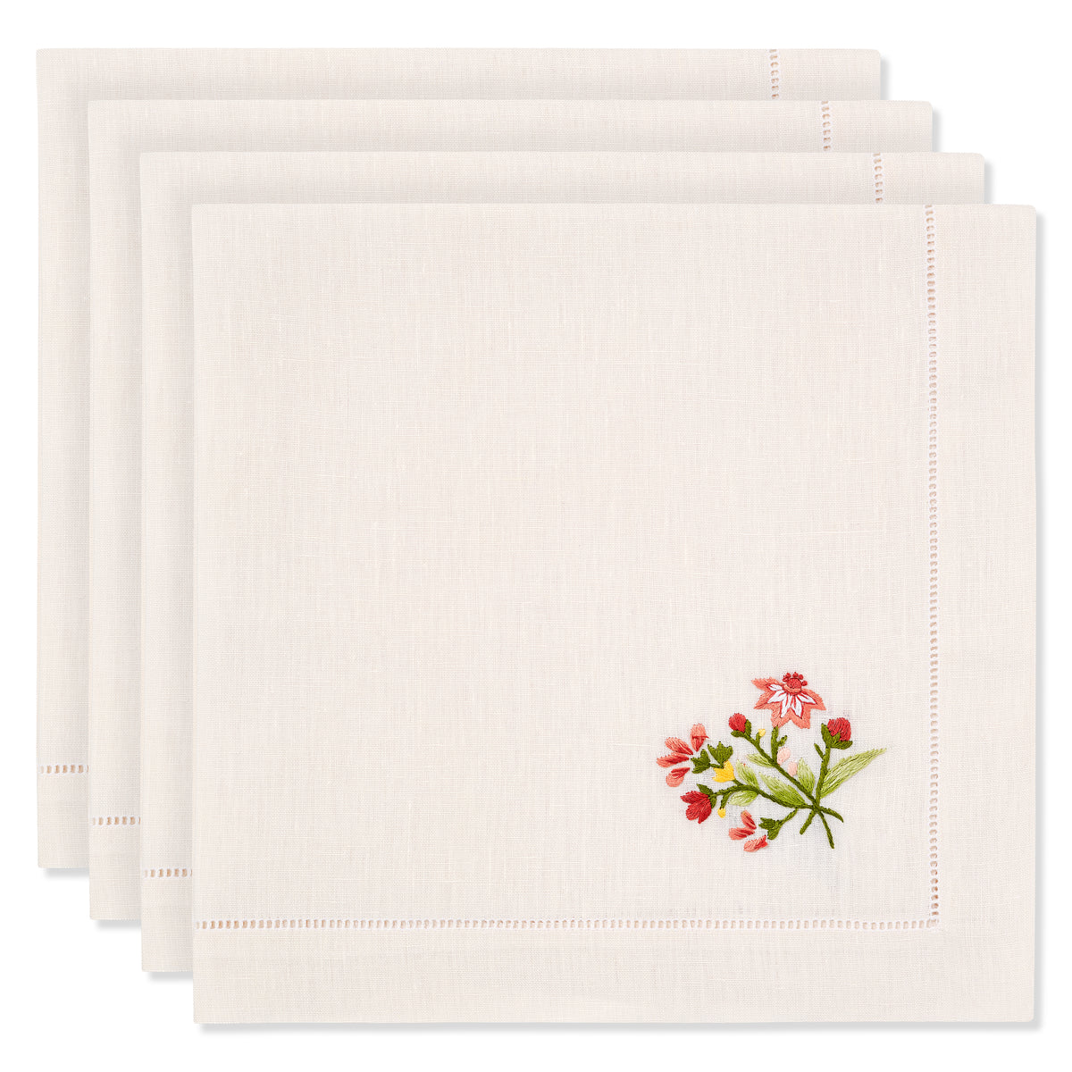 Set of Field Meadow Flower Napkins in Natural White with Scarlet Broderie