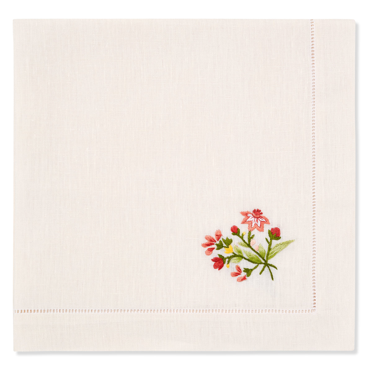 Set of Field Meadow Flower Napkins in Natural White with Scarlet Broderie