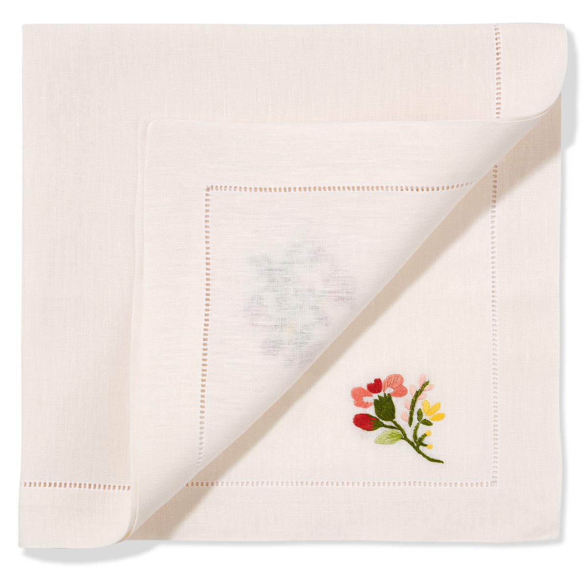 Set of Field Meadow Flower Napkins in Natural White with Scarlet Broderie