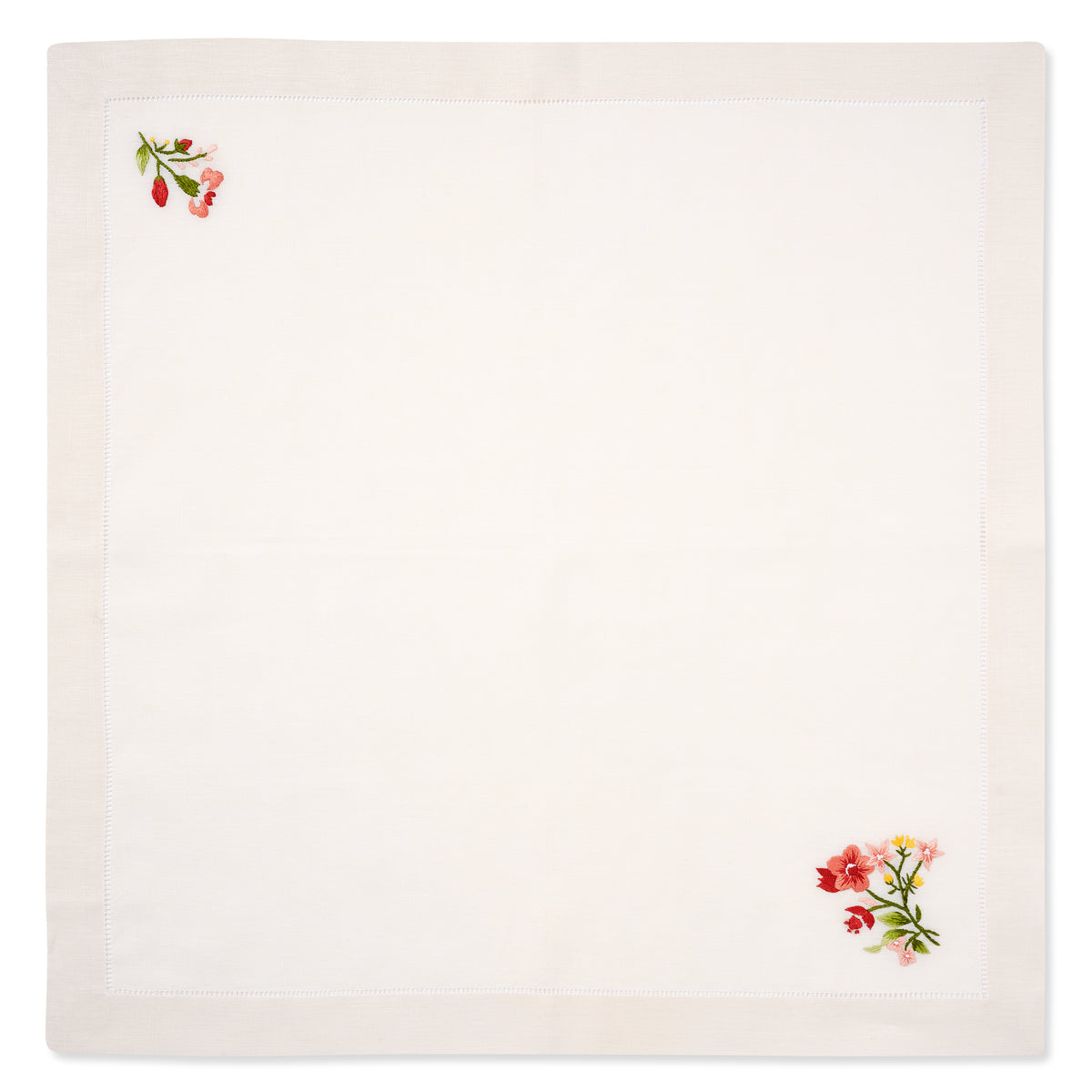 Set of Field Flax Flower Napkins in Natural White with Scarlet Broderie