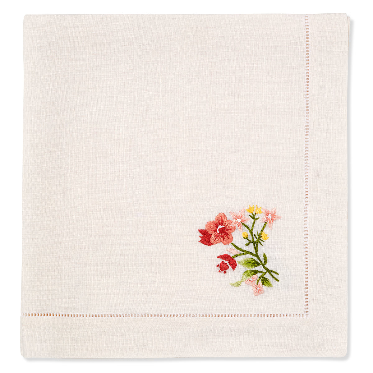 Set of Field Flax Flower Napkins in Natural White with Scarlet Broderie