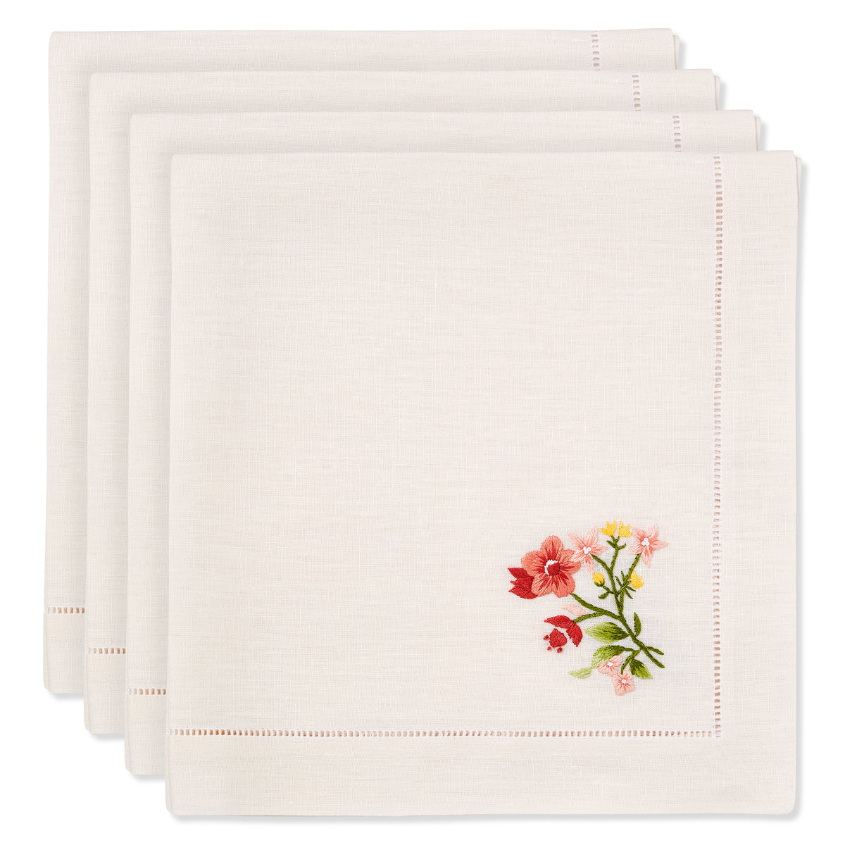Set of Field Flax Flower Napkins in Natural White with Scarlet Broderie
