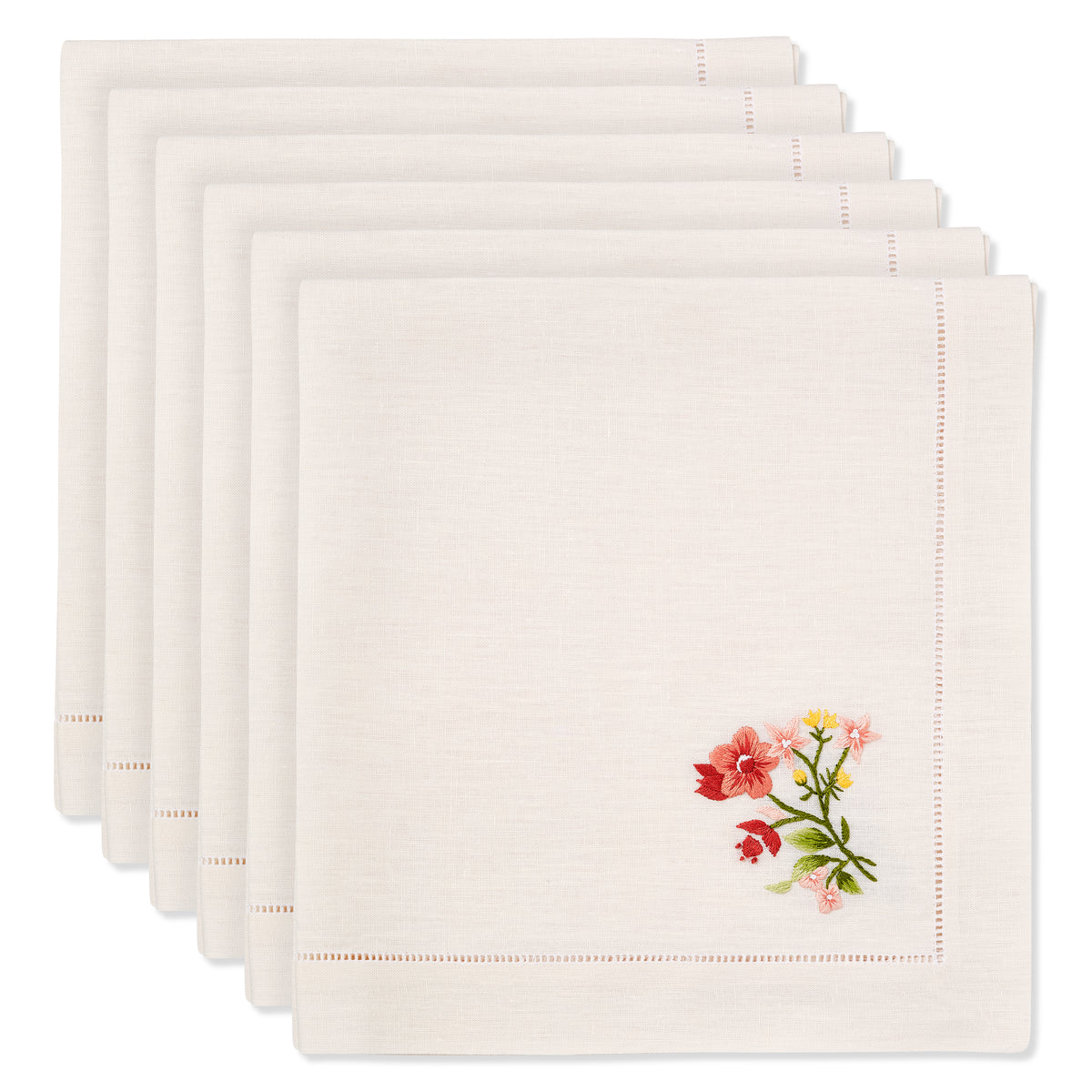 Set of Field Flax Flower Napkins in Natural White with Scarlet Broderie