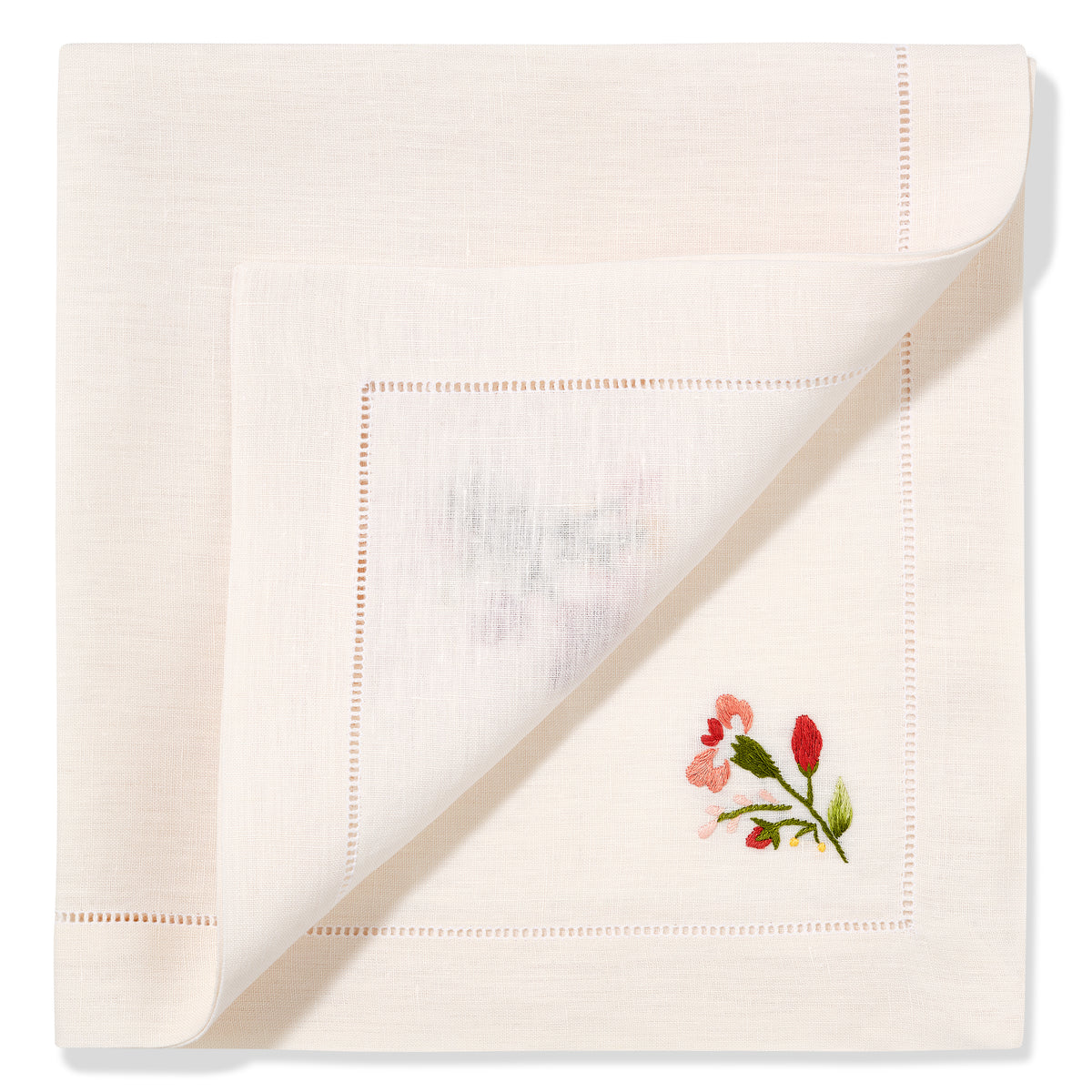 Set of Field Flax Flower Napkins in Natural White with Scarlet Broderie