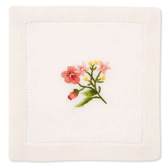 Set of Field Flax Flower Cocktail Napkins in Natural White with Scarlet Broderie