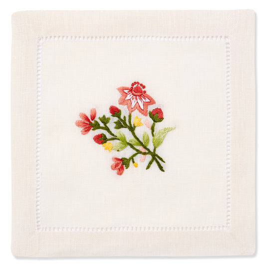 Set of Field Meadow Flower Cocktail Napkins in Natural White with Scarlet Broderie