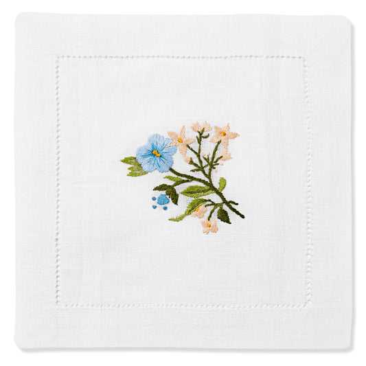Set of Field Flax Flower Cocktail Napkins in Pure White with Pastel Broderie