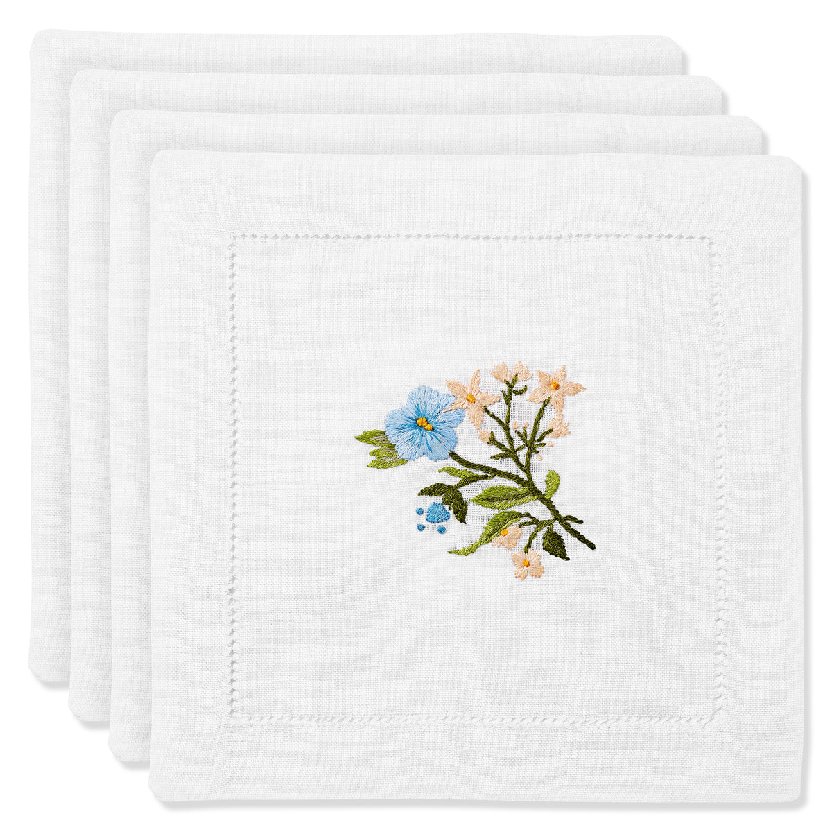 Set of Field Flower Cocktail Napkins in Pure White with Pastel Broderie