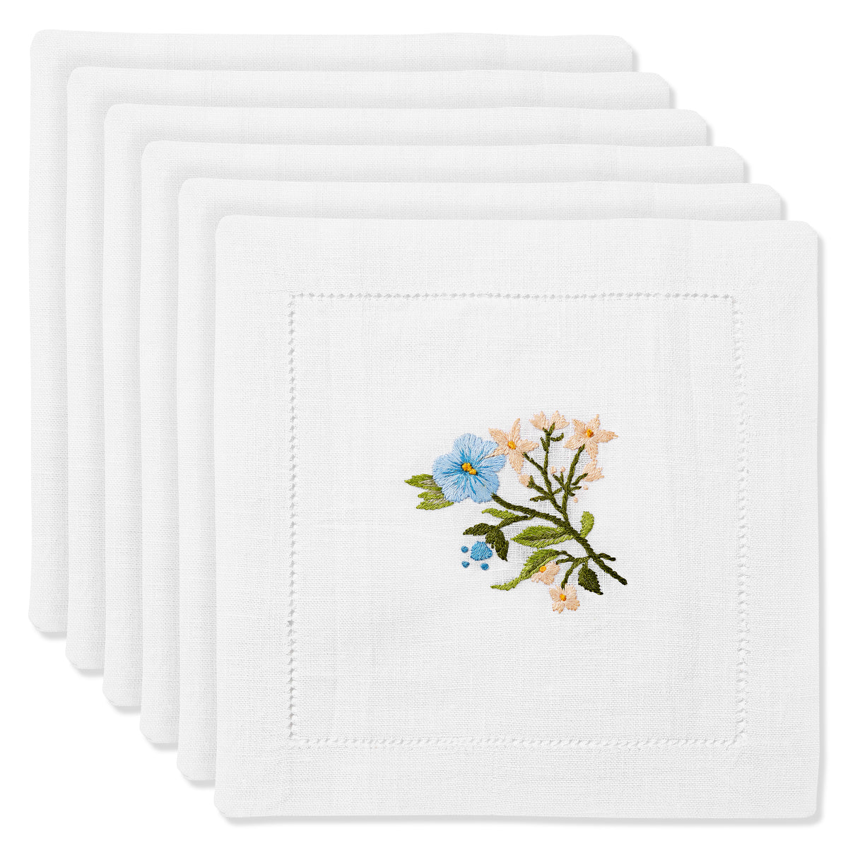 Set of Field Flower Cocktail Napkins in Pure White with Pastel Broderie