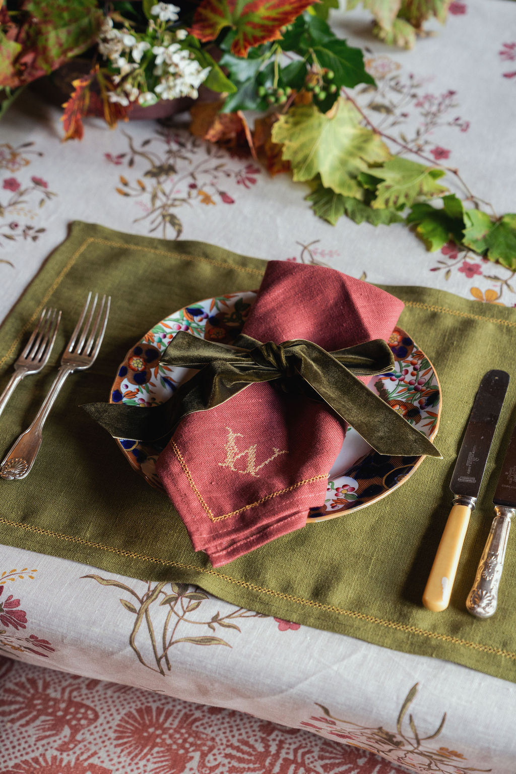 Set of Fern Green Placemats with Ochre Hemstitch
