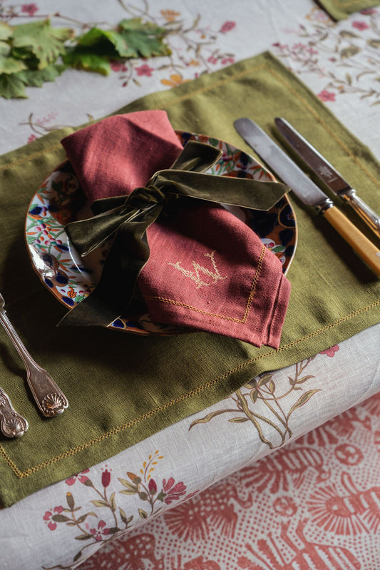 Set of Marsala Napkins with Ochre Hemstitch