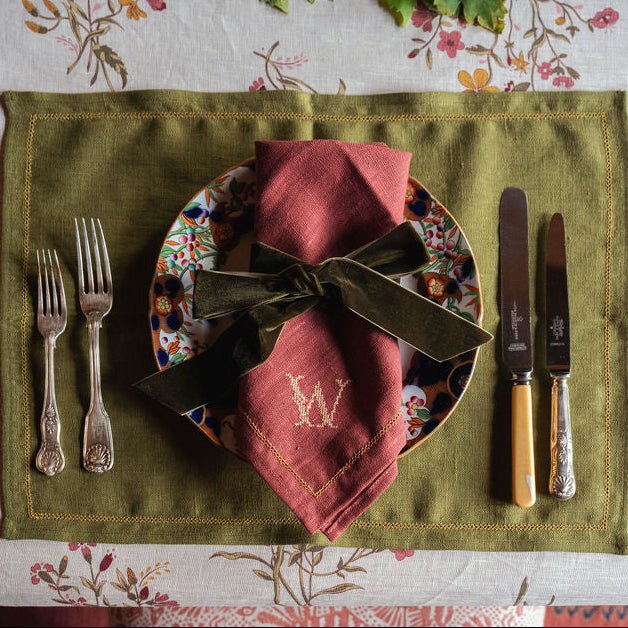 Set of Monogrammed Marsala Napkins with Ochre Hemstitch