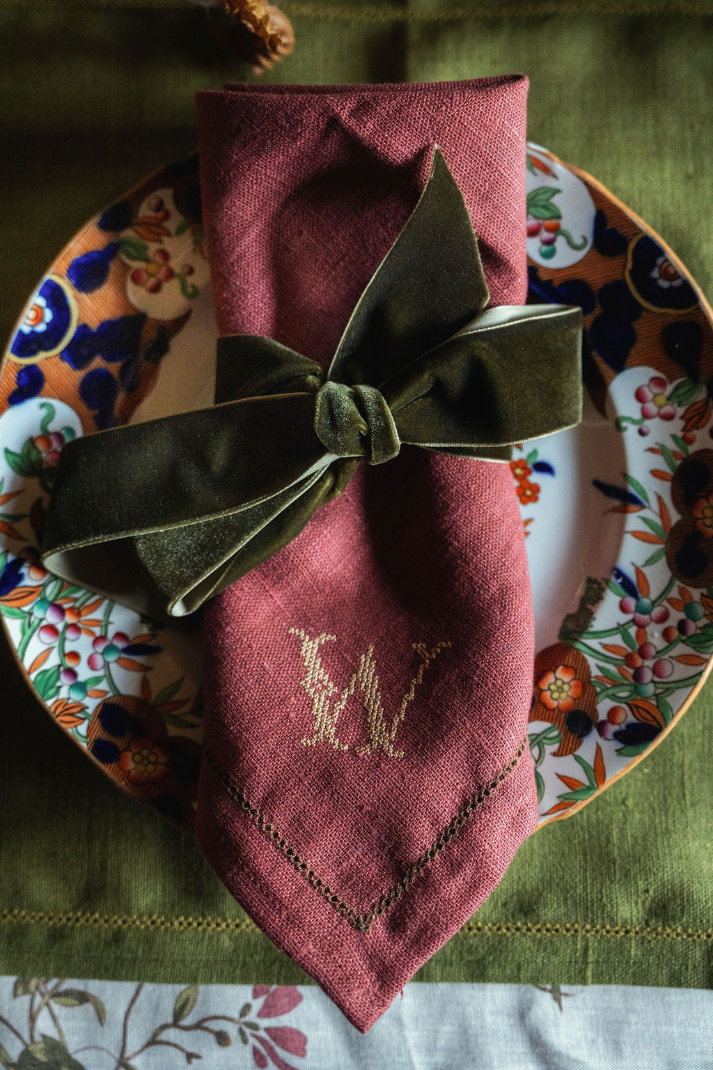 Set of Marsala Napkins with Fern Green Hemstitch