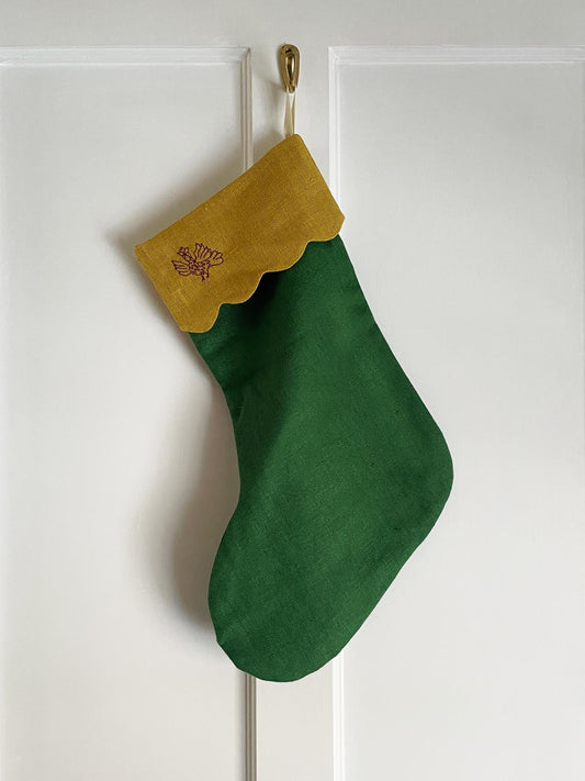 Christmas Stocking in Emerald Green with Ochre Scalloped Top and Sirin Bird Embroidery