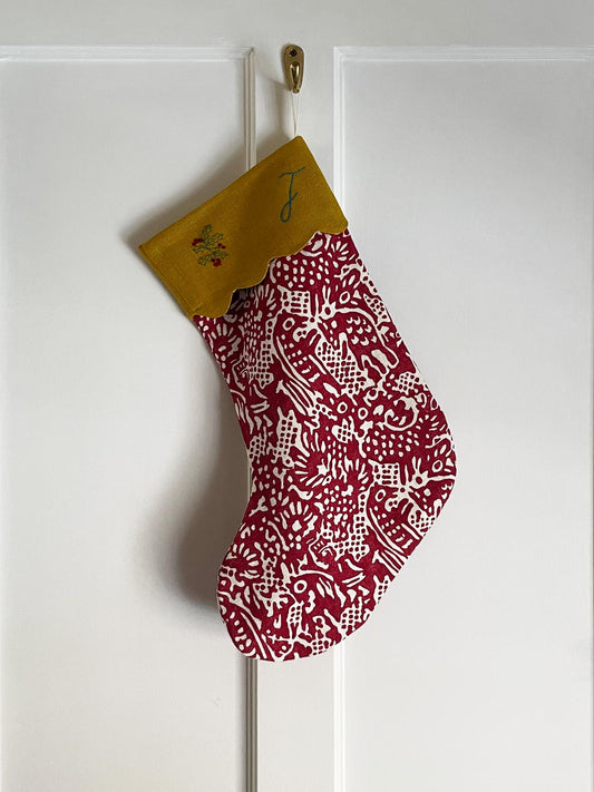 Christmas Stocking with J and Holly Embroidery in Aloysha Red & Ochre Scalloped Top