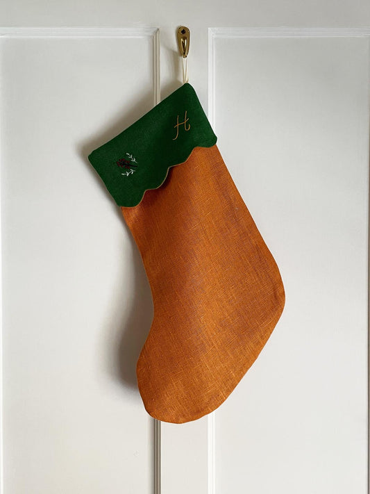 Christmas Stocking with H and Berry Branch Embroidery in Saffron & Emerald Green