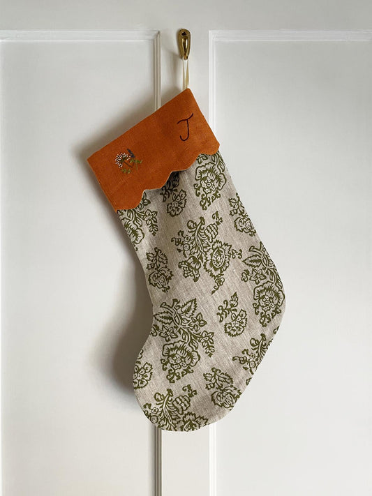 Christmas Stocking T and Wildflower Embroidery in Flora Fern Green & a Saffron Scalloped Top