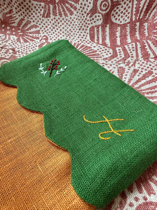 Christmas Stocking with H and Berry Branch Embroidery in Saffron & Emerald Green