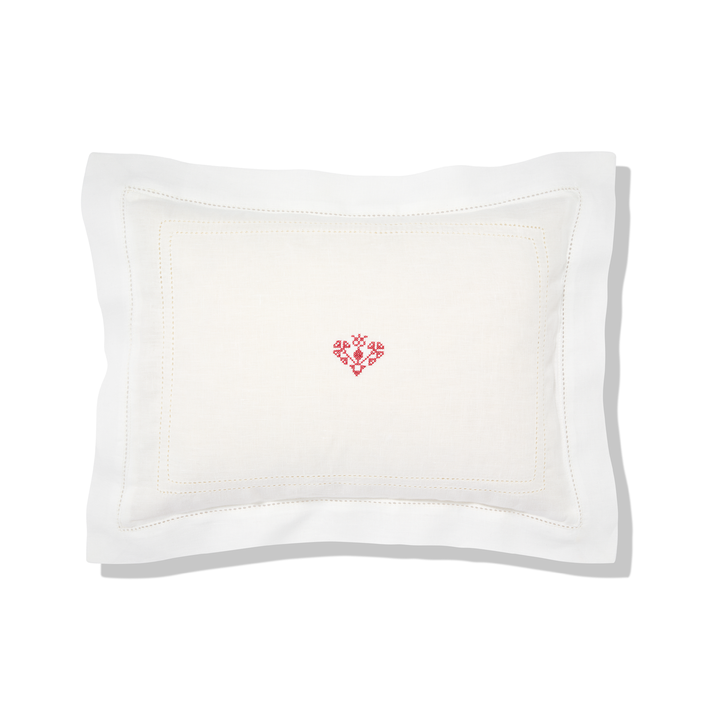 Elizaveta Boudoir Pillow in Ivory White Hemstitch with Crossed Heart Embroidery