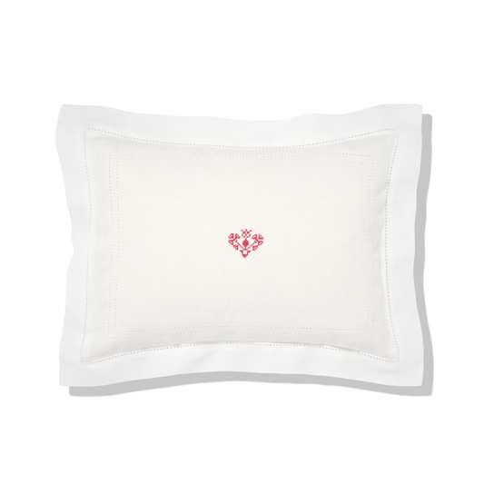 Elizaveta Boudoir Pillow in Ivory White Hemstitch with Crossed Heart Embroidery