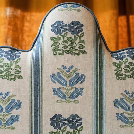 Showroom Ex-Display Single Size Kokoshnik Headboard in Folkloric Floral Stripe Linen Delft Blue/Oyster