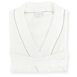 Liège Robe in Ivory White Waffle with Olive Green Hemstitch
