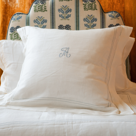 Elizaveta Pillowcase in Chambray Blue Hemstitch with 'A' Embroidery, Square Size