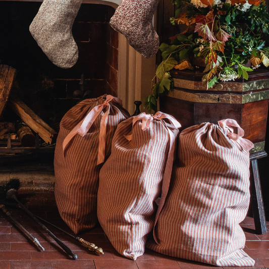 Santa Sack in Narrow Stripe Linen Terracotta/Natural